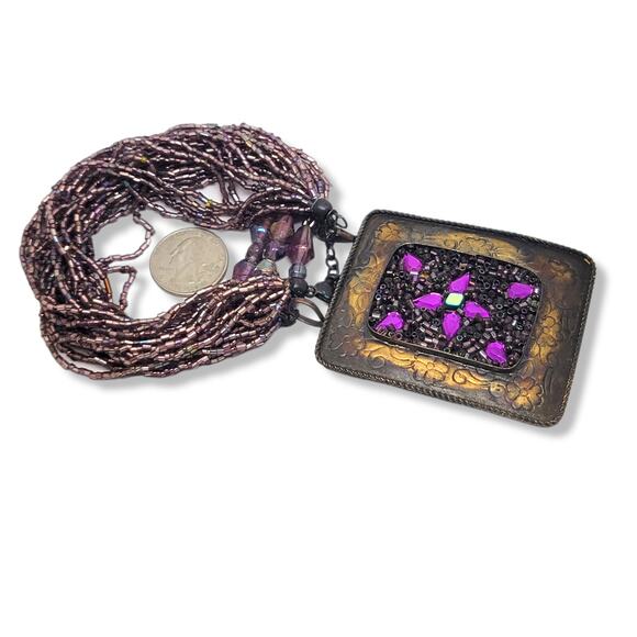 Vintage Mauve Irridecent Glass Beads, Brass Center Piece with Beads 18" Necklace - Picture 2 of 7